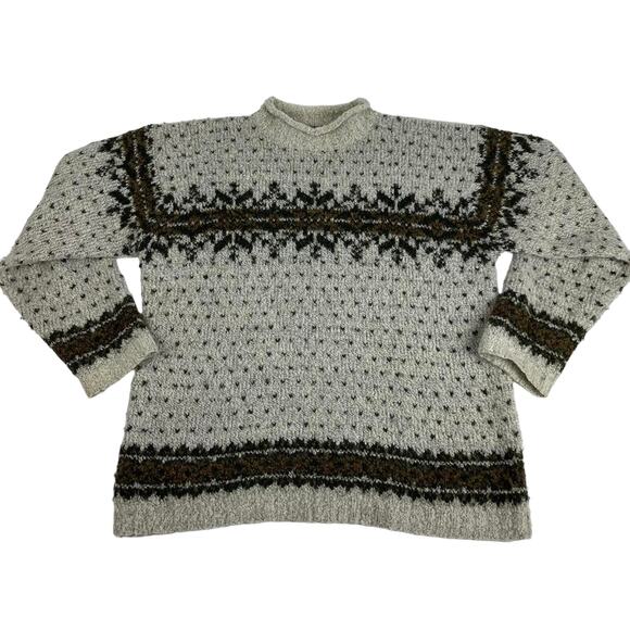 Vintage Snowflake Cream Brown High Collar Knit Snowflake Pattern Sweater Large - Picture 1 of 8